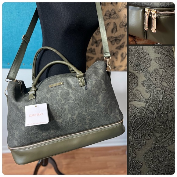 Ellen Tracy Handbags - ONE LAST DROP Ellen Tracy Travel Bag Embossed Floral 20” Olive NWT Weekender